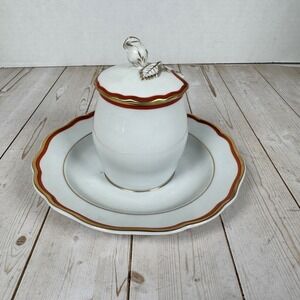 Meissen Orange Band Mustard Jar Pot w Underplate Rosebud Finial Crossed Swords